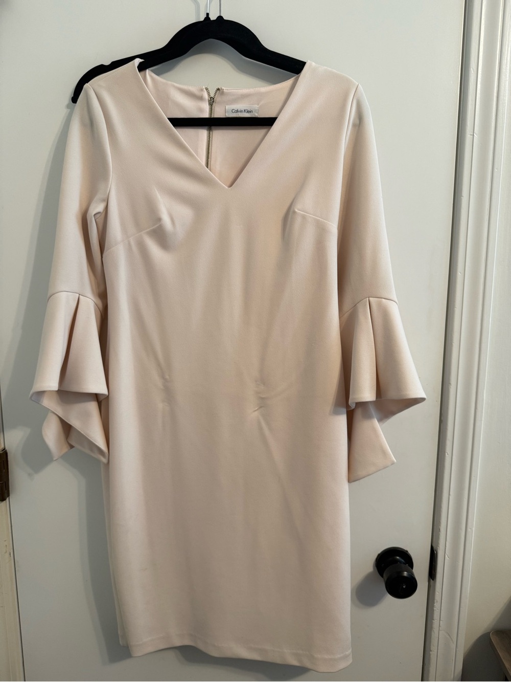 Calvin Klein Pale Cream V-Neck Ruffle Bell-Sleeve Dress